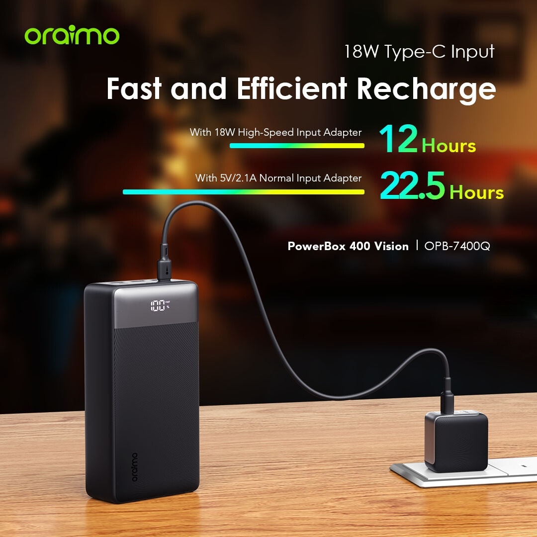 DISCOUNT DEALS!! Oraimo PowerBox 400 Vision: | 40000mAh | 22.5W 2-Way Recharging | 4-Device Charging | 4 Outputs | USB-A/Type-C Ports | LED Digital Display | Overcurrent Protection | Power Banks