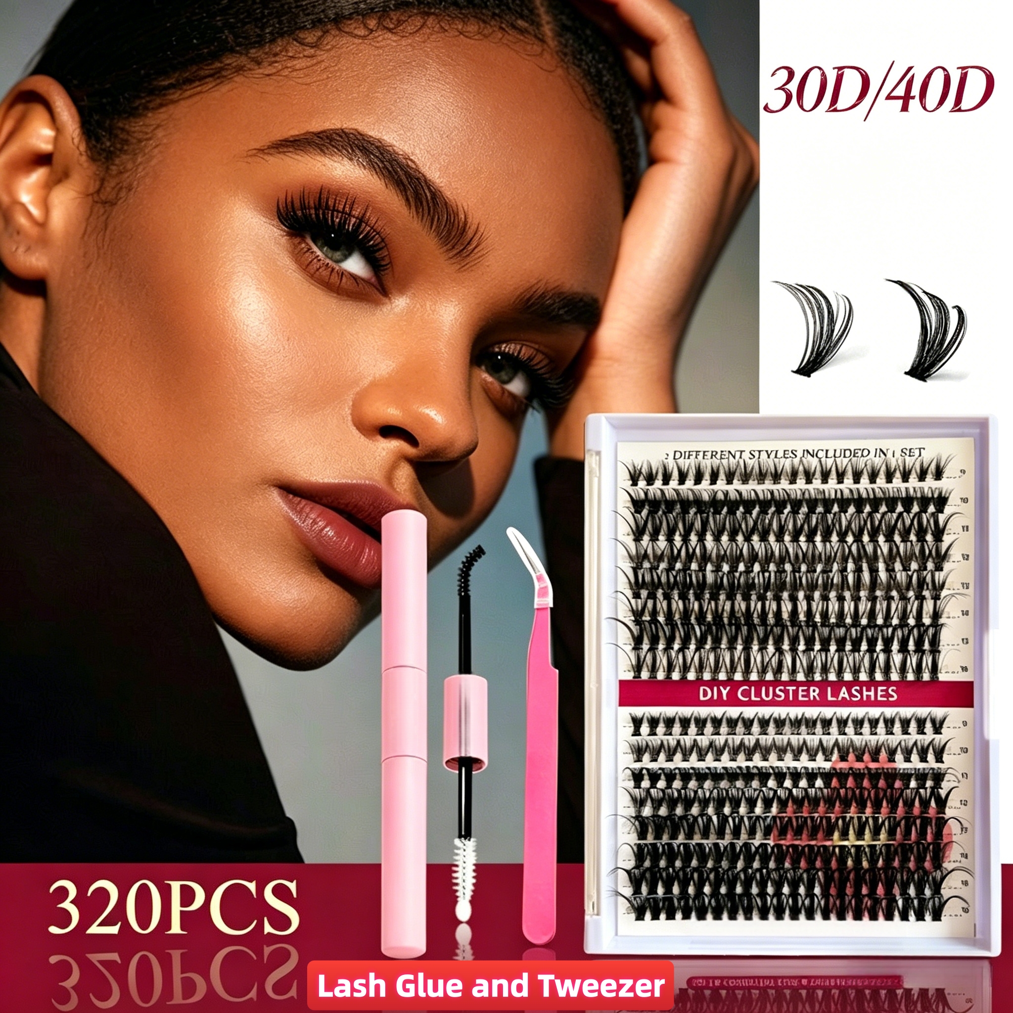 320 Pcs 30D 40D Natural Lash Clusters Kit with Lash Glue and Tweezer , Fairy Wispy Manga Eyelash Clusters, Airy Cute Style, 9–16mm Individual Cluster Eyelash Extensions Kit, DIY CC Curl Lash Extension
