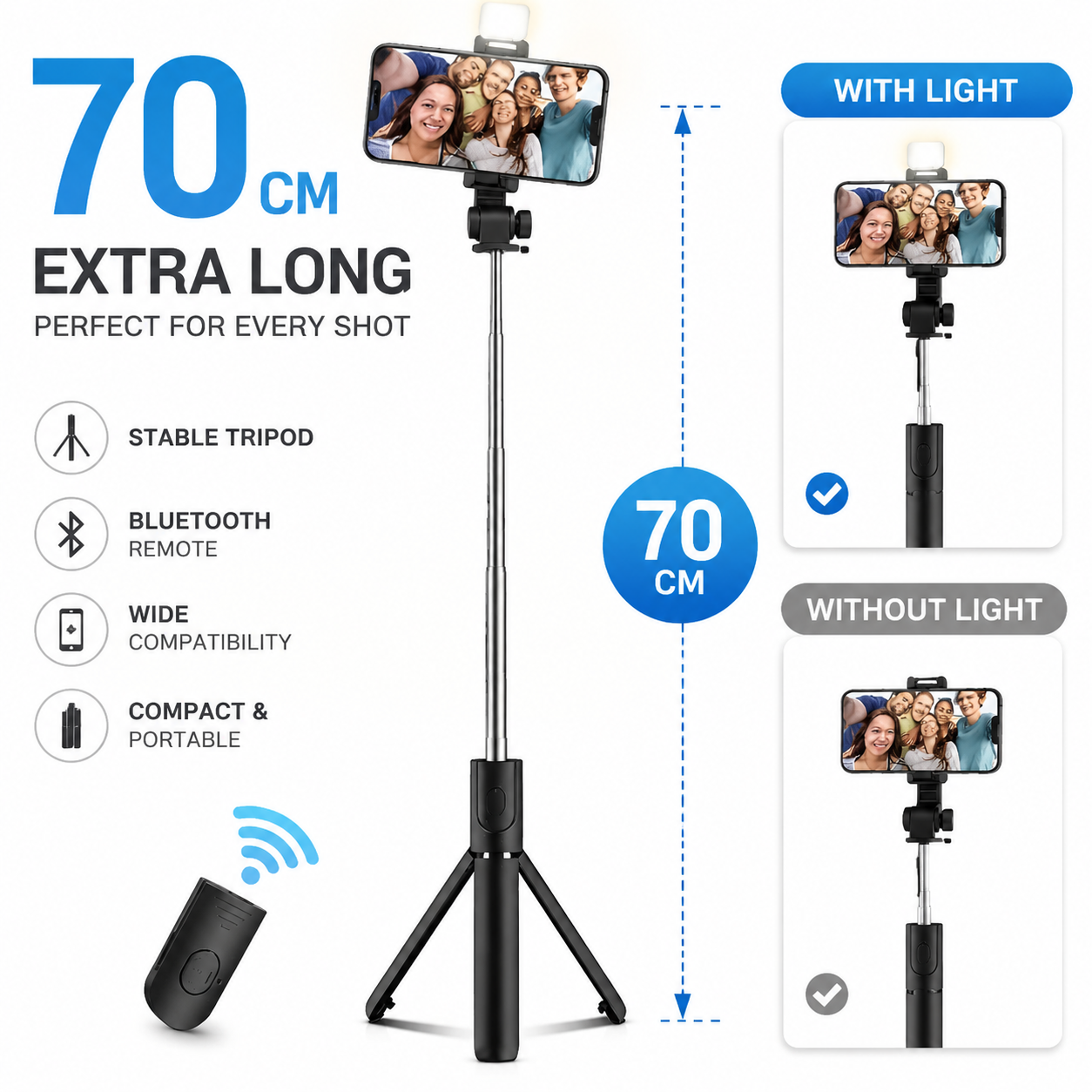 Selfie Stick, 70cm Retractable Phone Tripod with Wireless Remote Control & Light, Portable Selfie Stick Tripod for Photograph, Live Streaming, Video Recording, Compatible with All Cellphones
