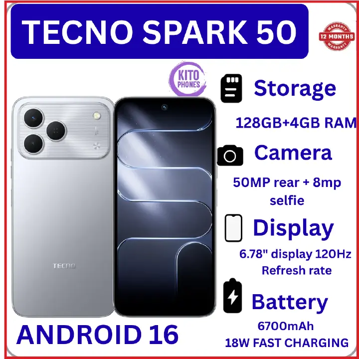 🔥OFFER!🔥NEW TECNO SPARK 50 AI 128GB + 12GB (4+8)RAM 6.78" SCREEN 120Hz Refresh rate Camera 50MP Main Camera +8MP SELFIE 18W Super Charging 6700mAh battery Android 16 smartphone +FREEBIES