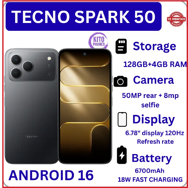 🔥OFFER!🔥NEW TECNO SPARK 50 AI 128GB + 12GB (4+8)RAM 6.78" SCREEN 120Hz Refresh rate Camera 50MP Main Camera +8MP SELFIE 18W Super Charging 6700mAh battery Android 16 smartphone +FREEBIES
