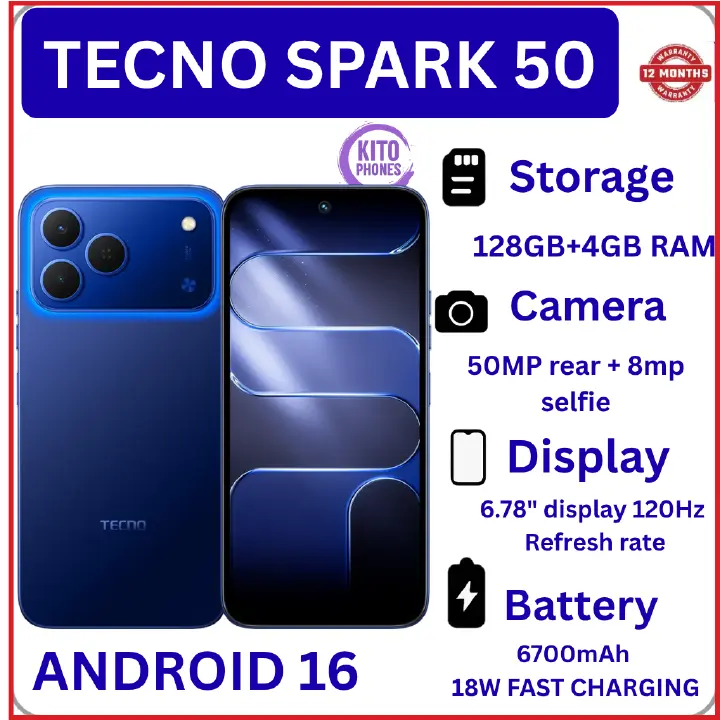 🔥OFFER!🔥NEW TECNO SPARK 50 AI 128GB + 12GB (4+8)RAM 6.78" SCREEN 120Hz Refresh rate Camera 50MP Main Camera +8MP SELFIE 18W Super Charging 6700mAh battery Android 16 smartphone +FREEBIES