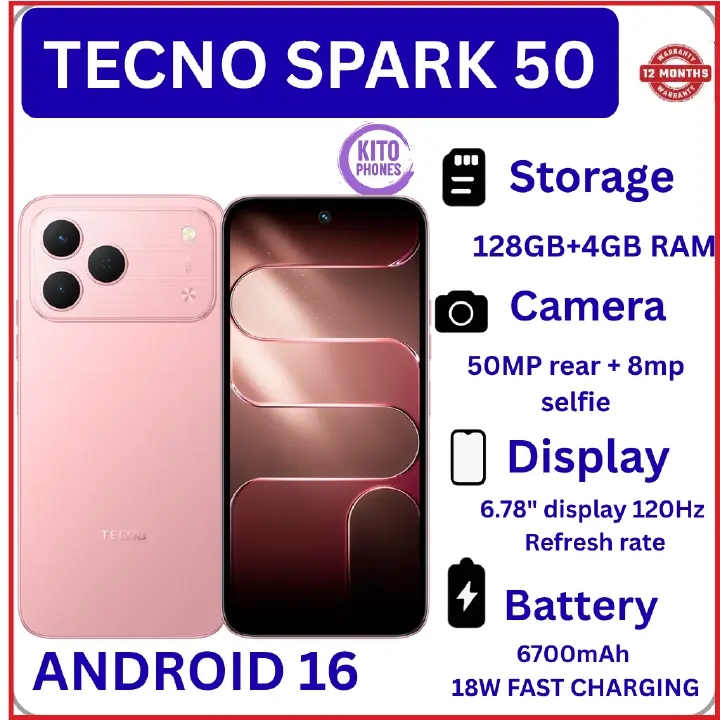 🔥OFFER!🔥NEW TECNO SPARK 50 AI 128GB + 12GB (4+8)RAM 6.78" SCREEN 120Hz Refresh rate Camera 50MP Main Camera +8MP SELFIE 18W Super Charging 6700mAh battery Android 16 smartphone +FREEBIES