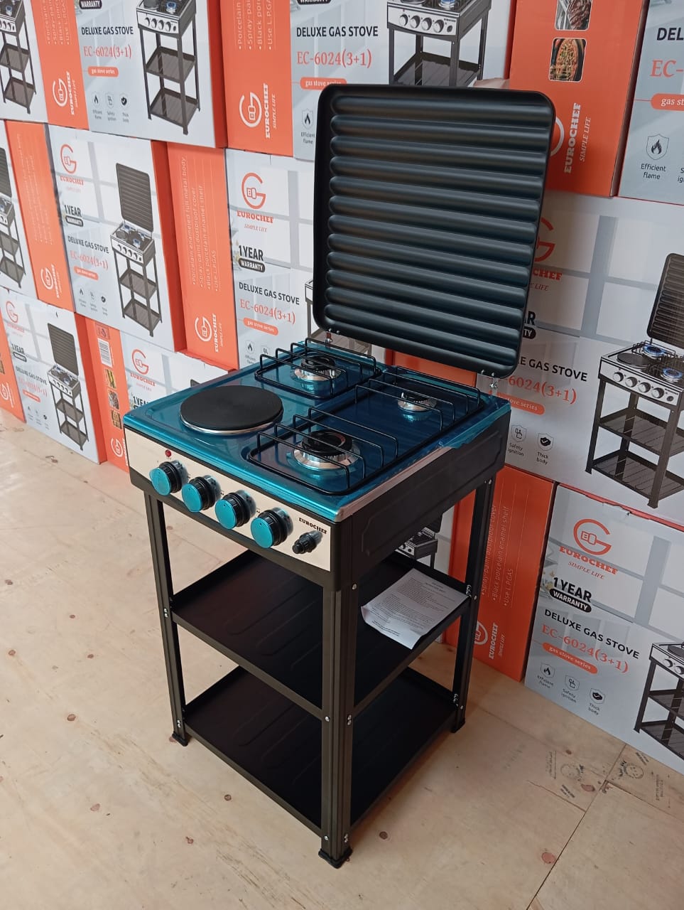 Eurochef 3 Gas 1 Electric Standing Cooker with Shelves Deluxe Kitchen Stove 4 Burner Cooker with Electric Hot Plate Storage Racks Durable Fast Heating Home Appliance