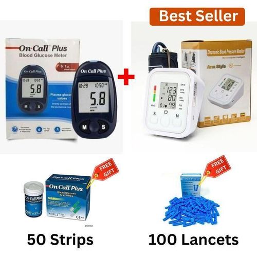 On Call Plus ORIGINAL Glucometer Blood Glucose Monitor Kit for Home Use, Accurate Blood Sugar Testing with FREE 50 Test Strips and 50 Lancets + Automatic Digital Blood Pressure Monitor for Upper Arm,