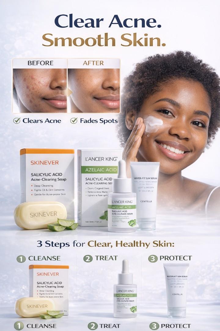 3-in-1 Acne Treatment Kit – Salicylic Soap + Azelaic Serum + SPF50 Sunscreen for Clear Skin