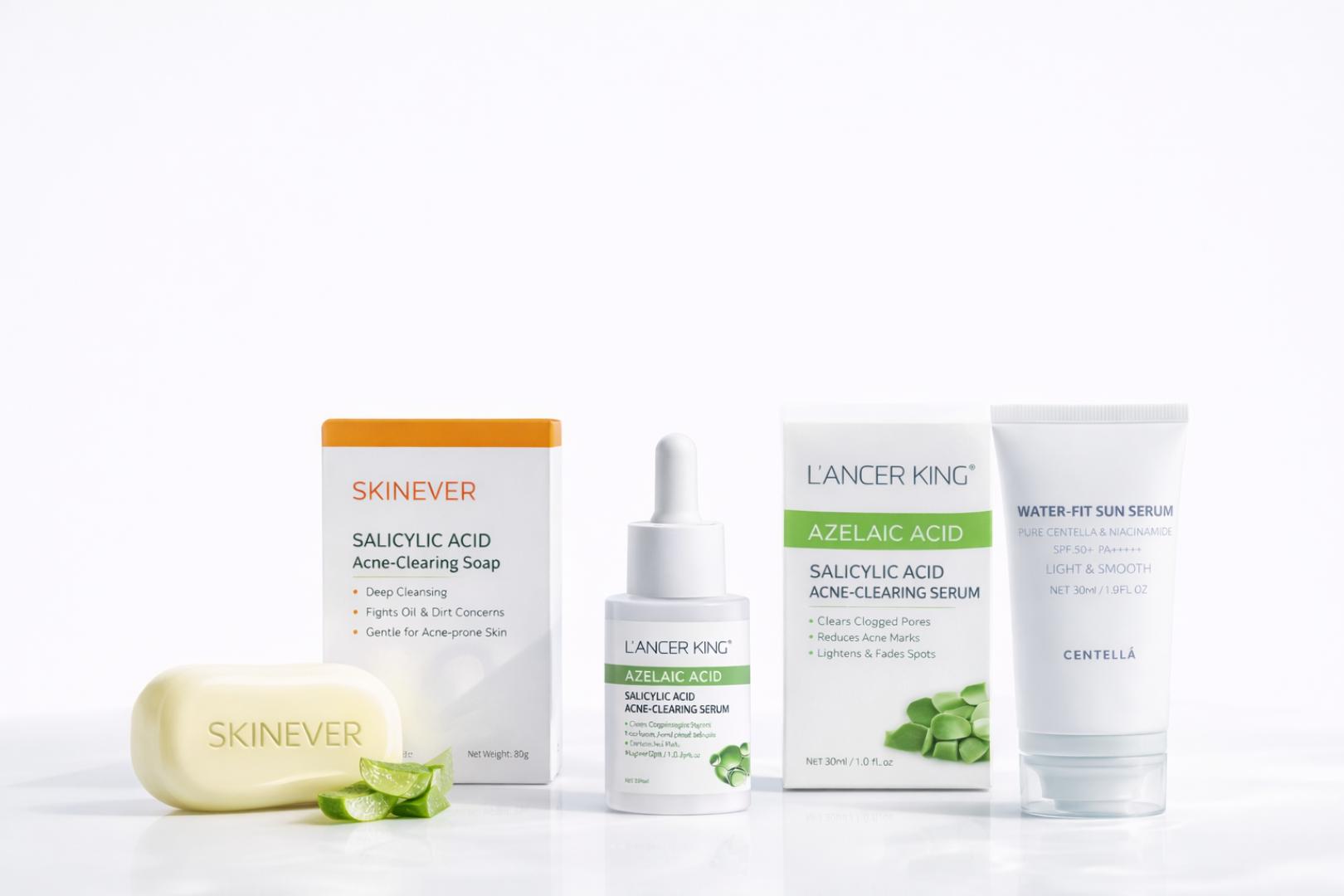 3-in-1 Acne Treatment Kit – Salicylic Soap + Azelaic Serum + SPF50 Sunscreen for Clear Skin