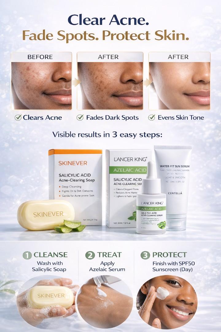 3-in-1 Acne Treatment Kit – Salicylic Soap + Azelaic Serum + SPF50 Sunscreen for Clear Skin