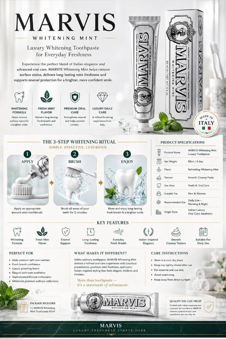 MARVIS Whitening Mint Luxury Toothpaste 85ml – Premium Italian Fresh Breath & Whitening Care
