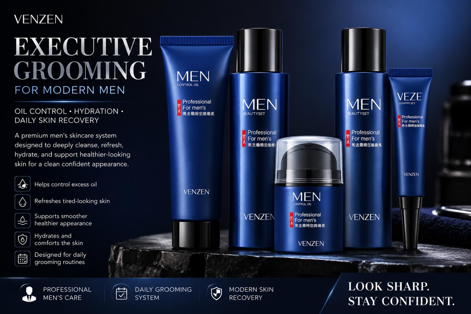VENZEN Executive Men’s Skin Recovery Kit – Oil Control & Hydration Grooming System