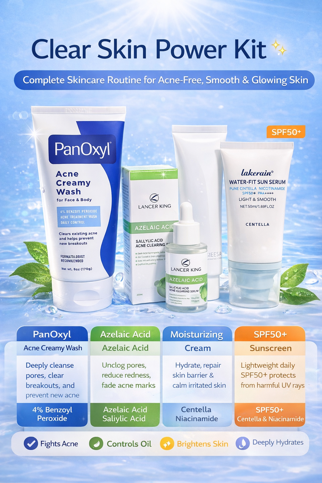 Acne Clear Skin Power Kit ✨ PanOxyl Acne Wash + Azelaic Acid Serum + Hydrating Cream + SPF50 Sunscreen | Complete Daily Routine for Acne-Free, Smooth & Glowing Skin