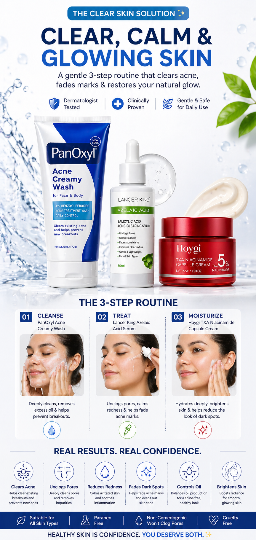 Anti-acne|Acne Treatment Skincare Kit | Benzoyl Peroxide Face Wash | Azelaic Acid Salicylic Acid Serum | TXA Niacinamide Brightening Cream | Pimple, Dark Spot & Oil Control Set| anti acne skincare set