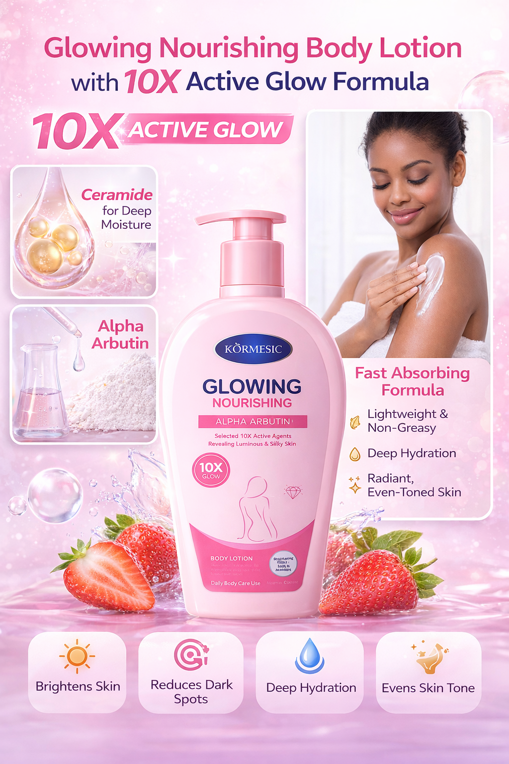 KORMESIC Glowing Nourishing Alpha Arbutin Body Lotion – Brightening, Hydrating & Skin Tone Enhancing Moisturizer with 10X Active Glow Formula