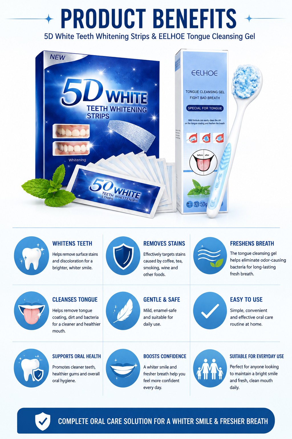 5D White Teeth Whitening Strips & EELHOE Tongue Cleansing Gel Kit – Complete Oral Care for Whiter Teeth & Fresh Breath