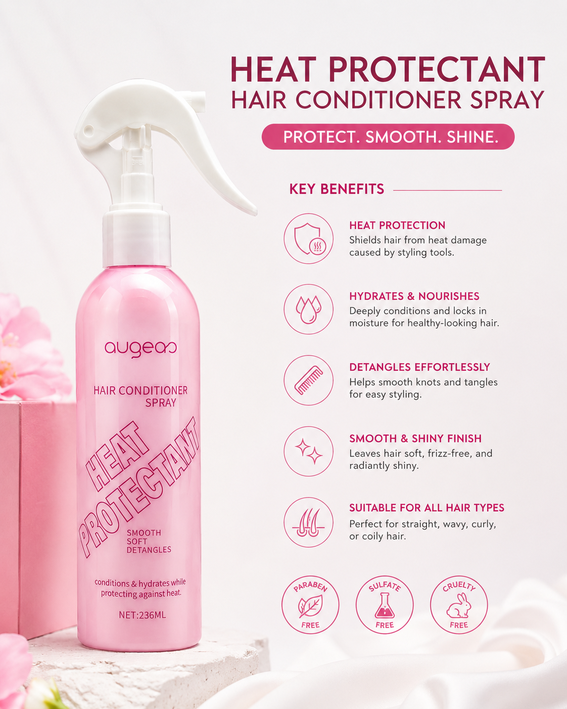 Augeas Heat Protectant Hair detangler | hair Conditioner Spray | leave in treatment– Leave-In Detangler & Heat Protection Mist for Smooth, Soft Hair | Hydrating Anti-Frizz Formula | 236ml
