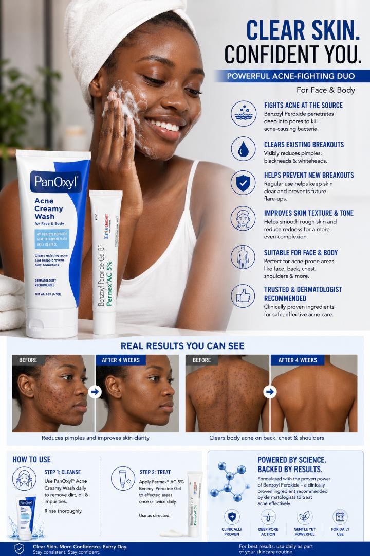 Powerful Acne Treatment Duo: Pernex® AC 5% Benzoyl Peroxide Gel & PanOxyl® Acne Creamy Wash for Clear, Healthy Skin (Face & Body)| anti acne skincare set