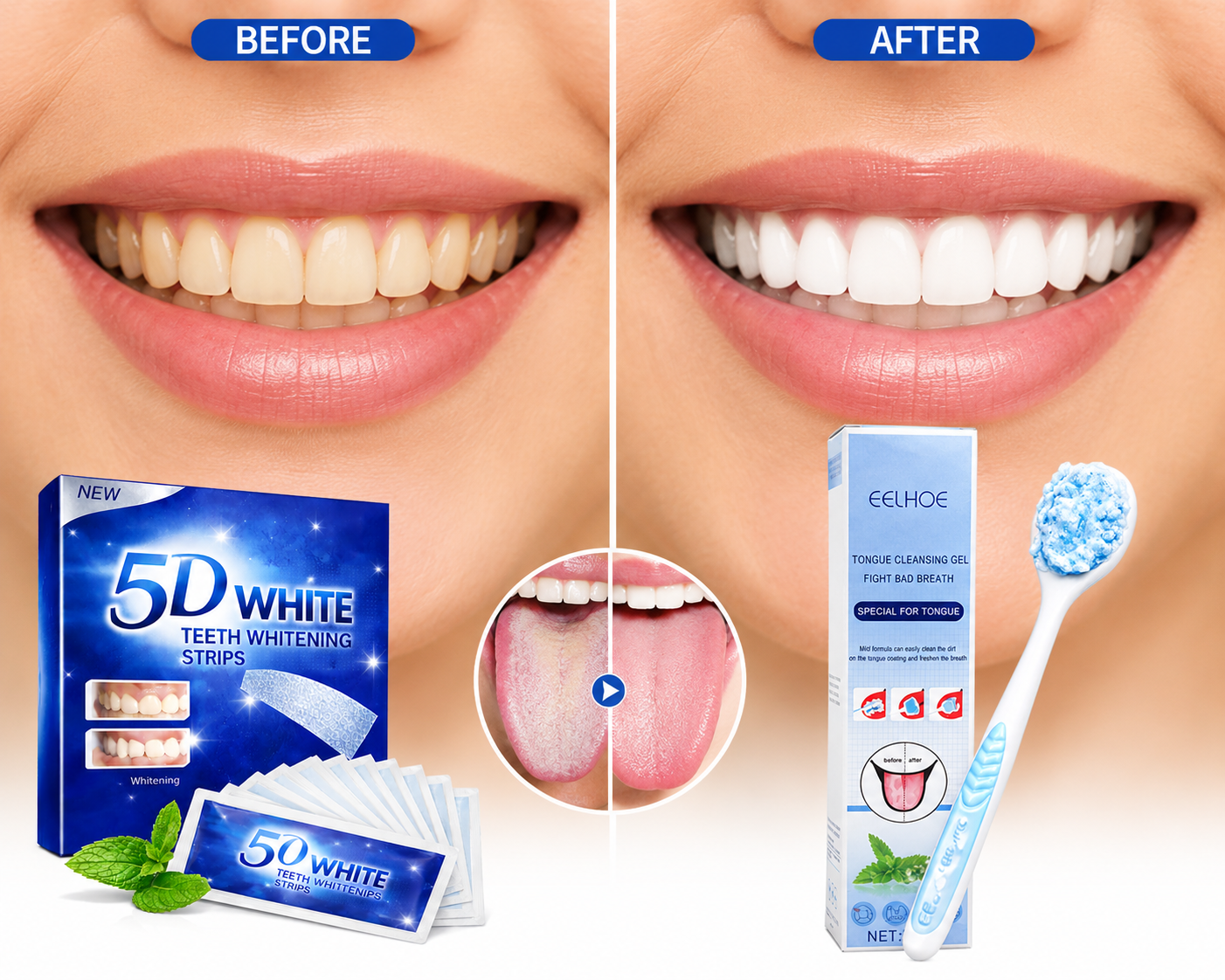 5D White Teeth Whitening Strips & EELHOE Tongue Cleansing Gel Kit – Complete Oral Care for Whiter Teeth & Fresh Breath