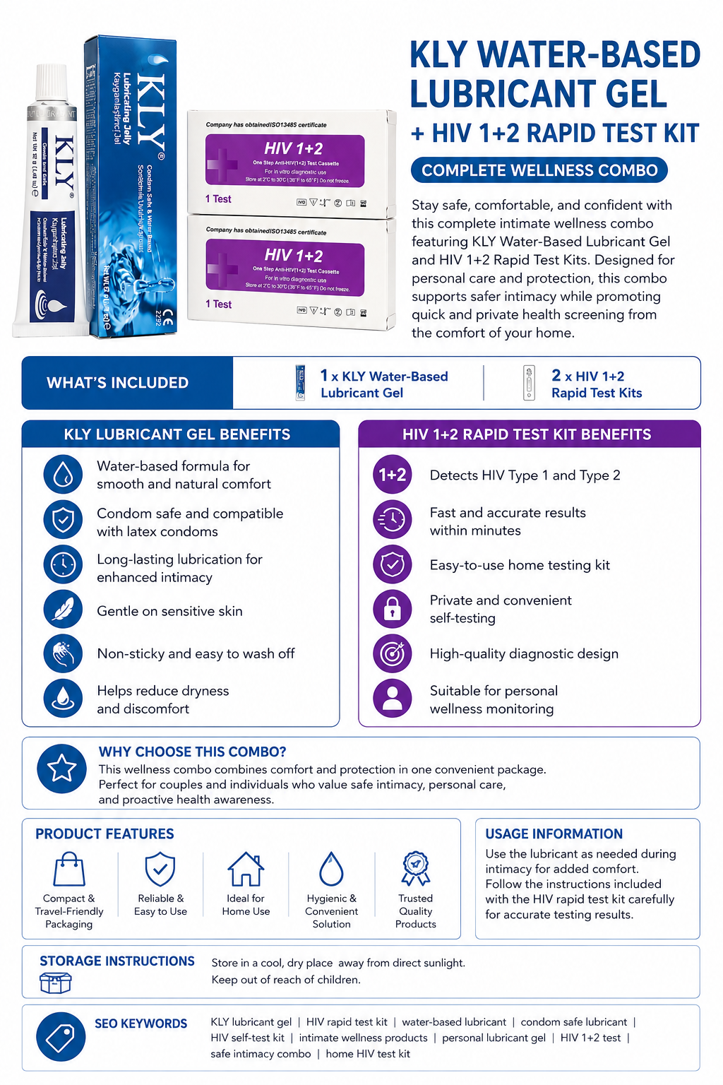 KLY Water-Based sex Lubricant Gel & a couple set (2) of HIV 1+2 Rapid Self-Test Kit | home HIV kit – Condom Safe Intimacy Lube with Fast Accurate Home HIV Testing