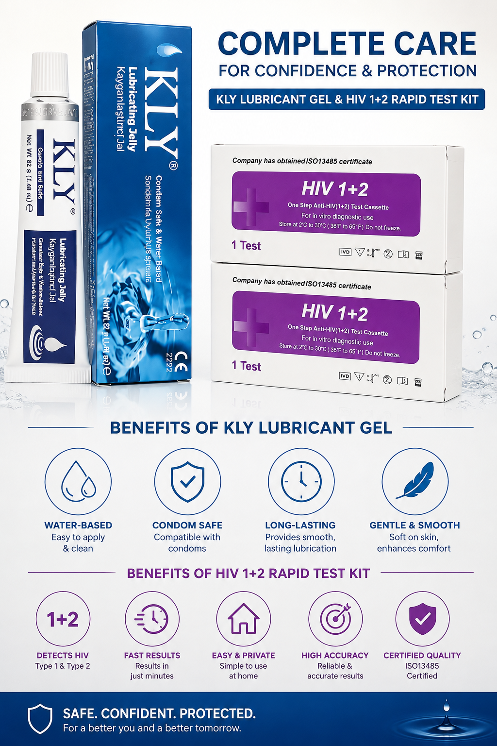 KLY Water-Based sex Lubricant Gel & a couple set (2) of HIV 1+2 Rapid Self-Test Kit | home HIV kit – Condom Safe Intimacy Lube with Fast Accurate Home HIV Testing