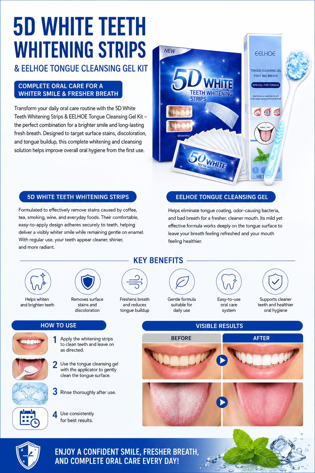 5D White Teeth Whitening Strips & EELHOE Tongue Cleansing Gel Kit – Complete Oral Care for Whiter Teeth & Fresh Breath