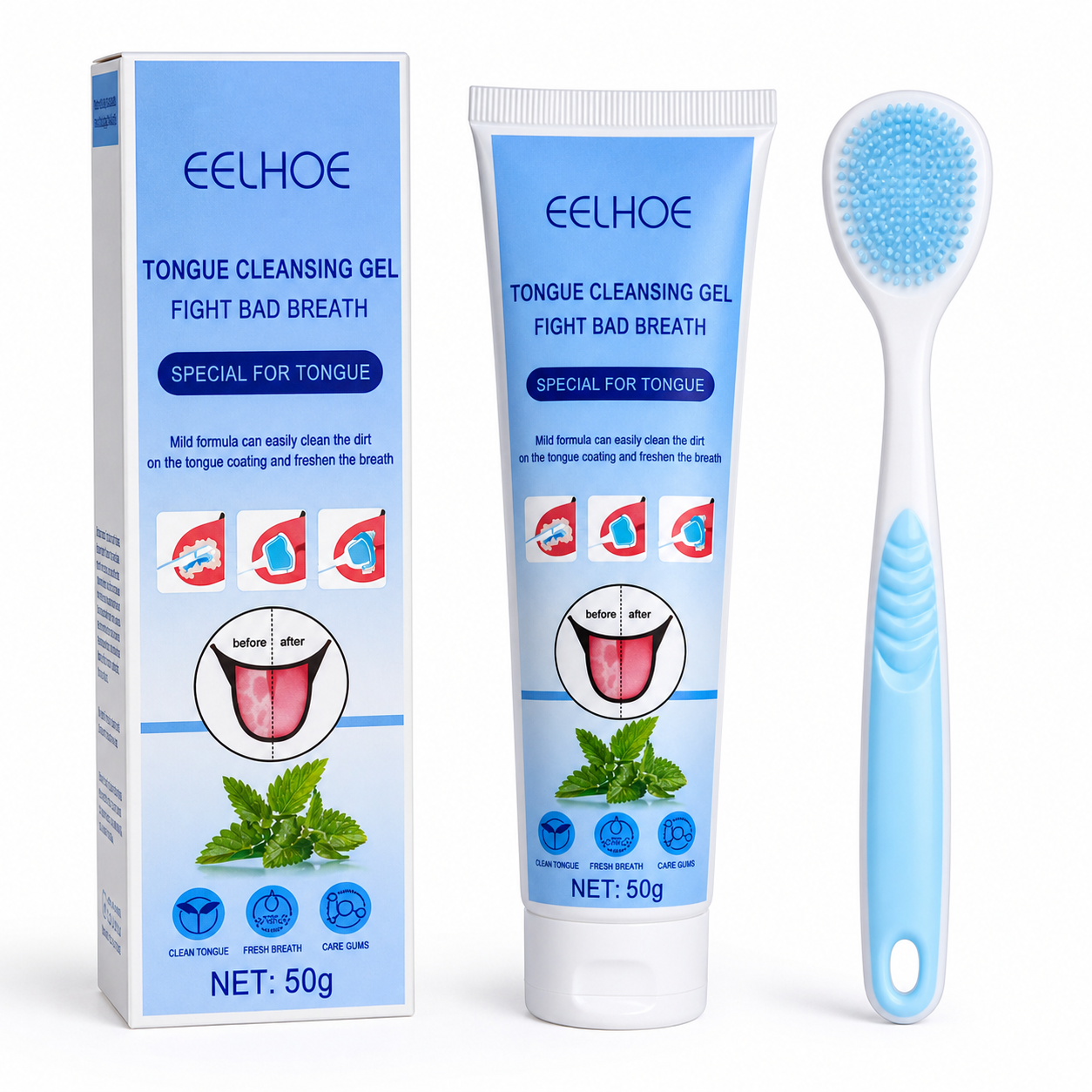 EELHOE Tongue Cleansing Gel 50g | tongue cleaner + double sided brush– Fresh Breath Oral Care Gel, Removes Tongue Coating & Fights Bad Breath| with a tooth gel