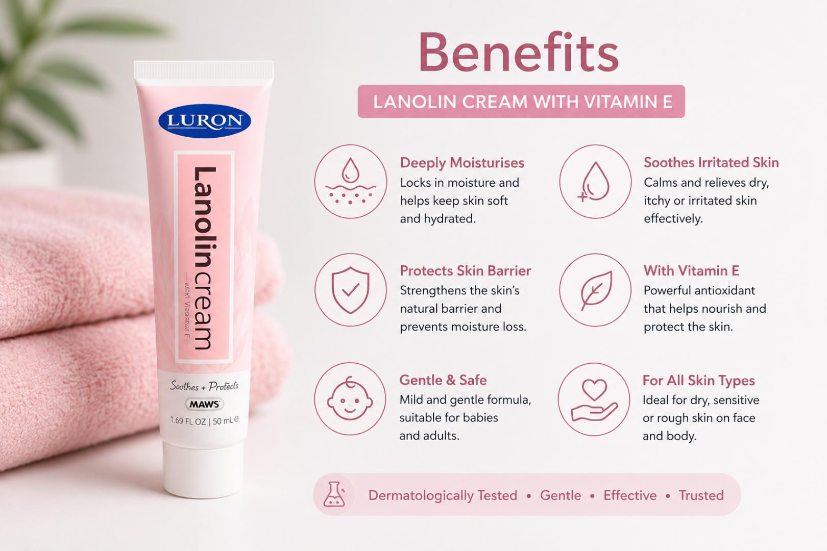 LURON Lanolin Vitamin E Moisturising Cream for Dry/ oily/ normal and sensitive Skin – Deep Hydration & Skin Protection for All Skin Types