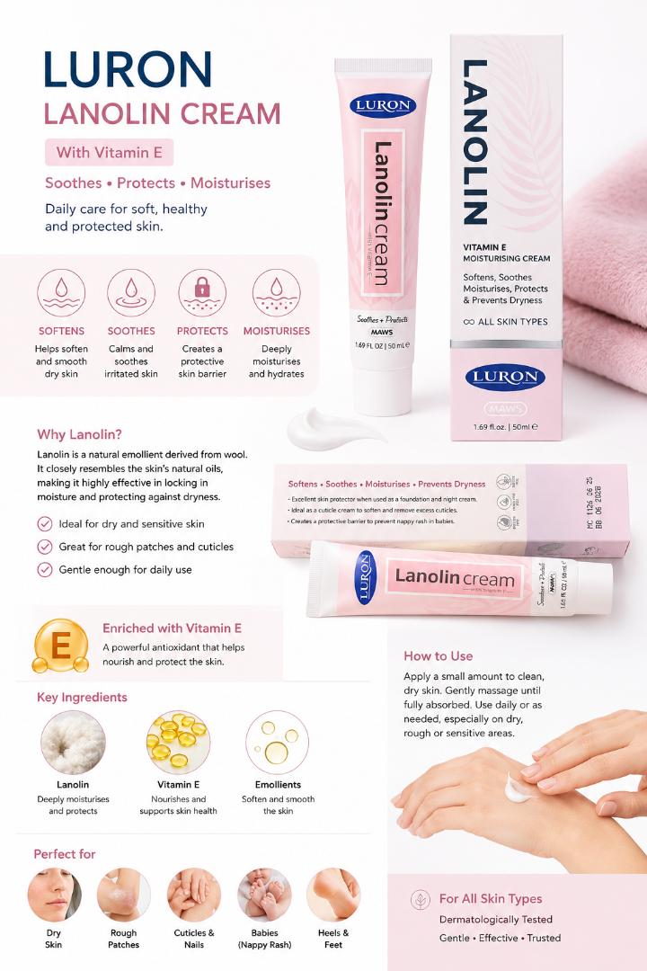 LURON Lanolin Vitamin E Moisturising Cream for Dry/ oily/ normal and sensitive Skin – Deep Hydration & Skin Protection for All Skin Types