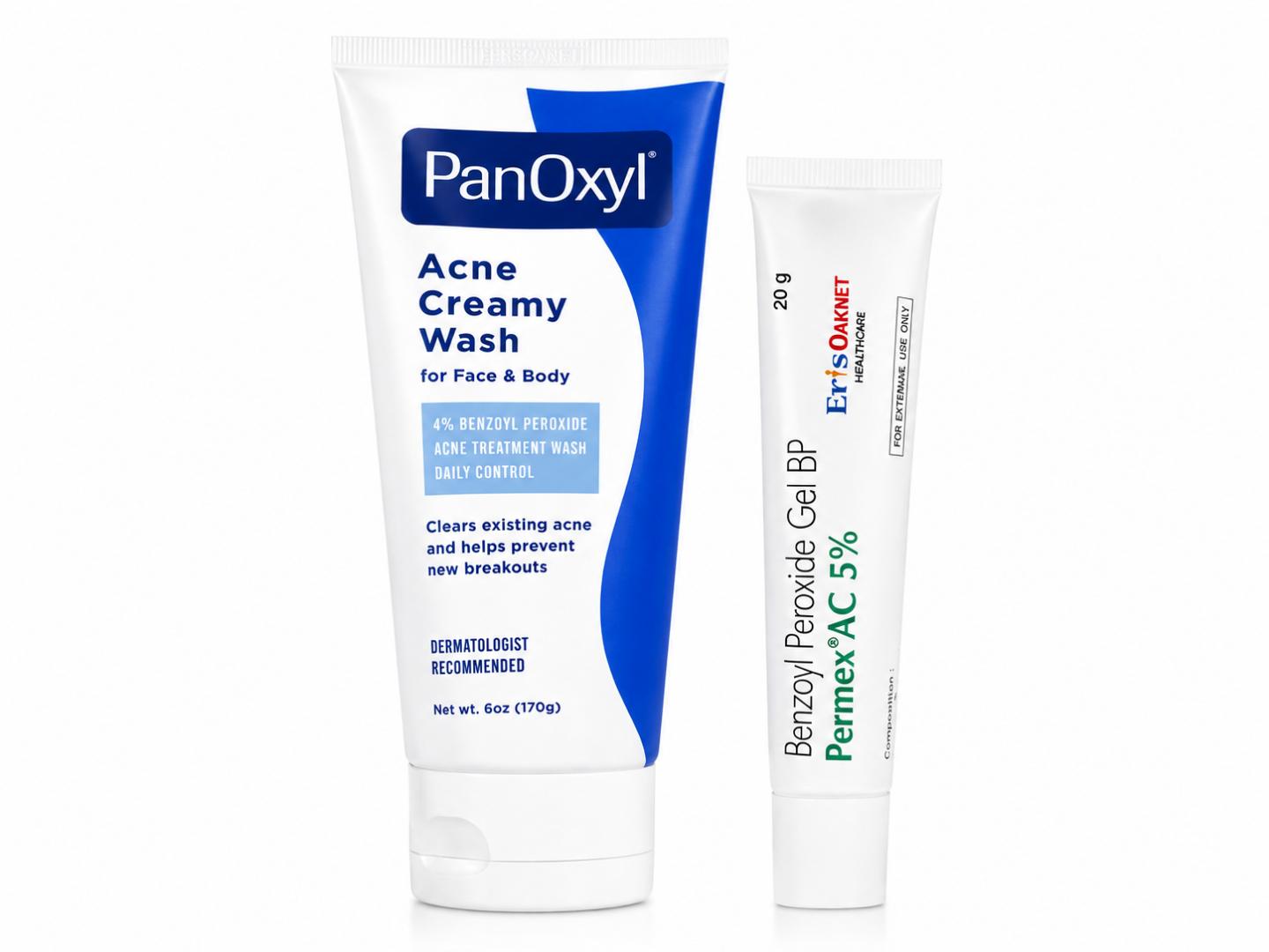 Powerful Acne Treatment Duo: Pernex® AC 5% Benzoyl Peroxide Gel & PanOxyl® Acne Creamy Wash for Clear, Healthy Skin (Face & Body)| anti acne skincare set