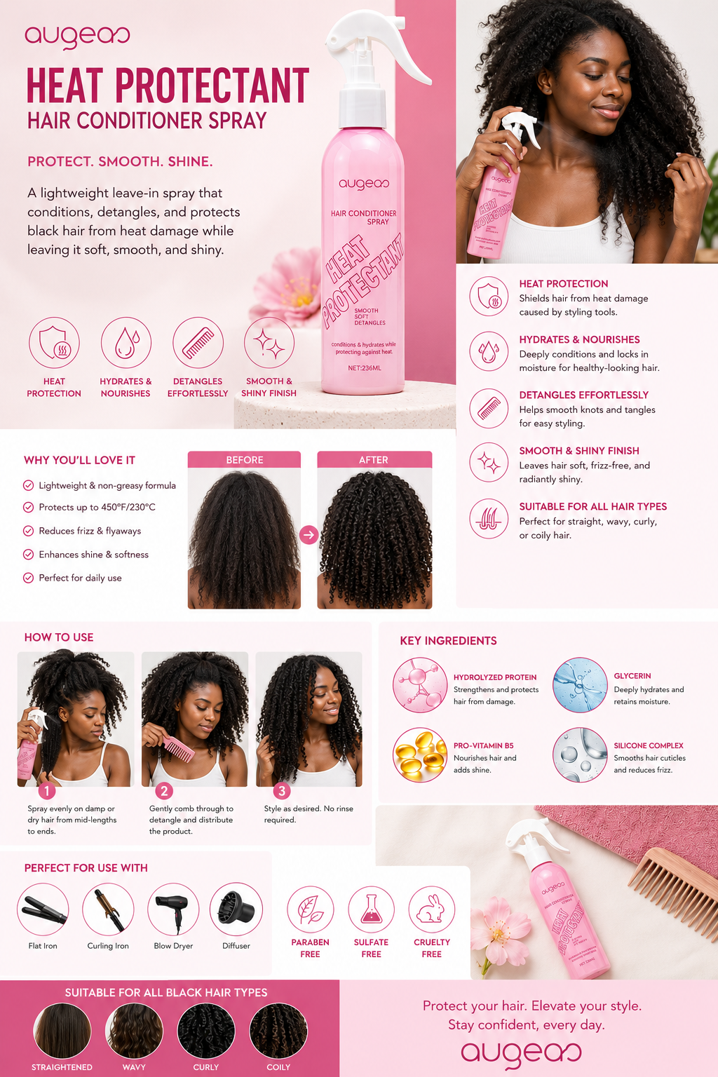 Augeas Heat Protectant Hair detangler | hair Conditioner Spray | leave in treatment– Leave-In Detangler & Heat Protection Mist for Smooth, Soft Hair | Hydrating Anti-Frizz Formula | 236ml