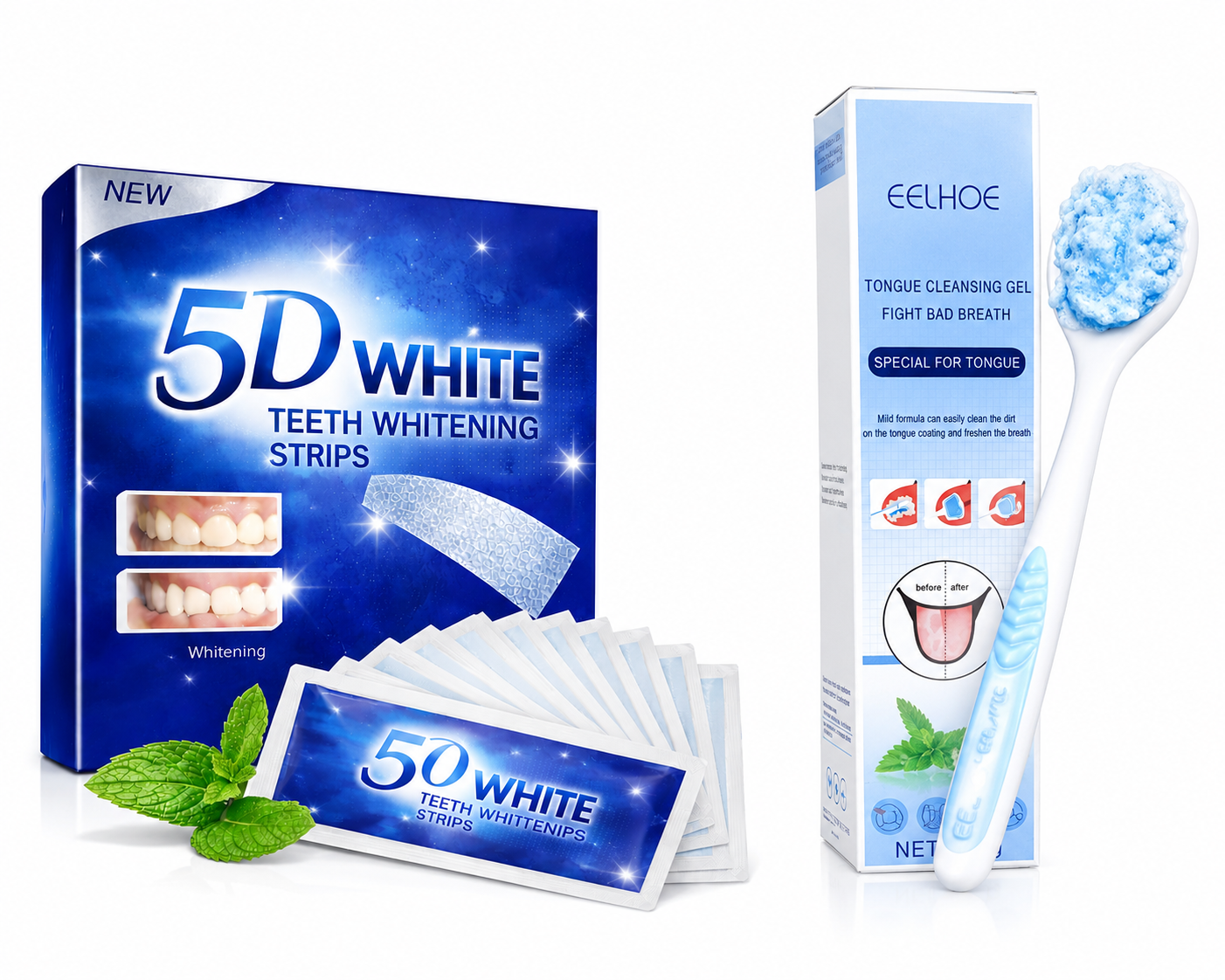 5D White Teeth Whitening Strips & EELHOE Tongue Cleansing Gel Kit – Complete Oral Care for Whiter Teeth & Fresh Breath