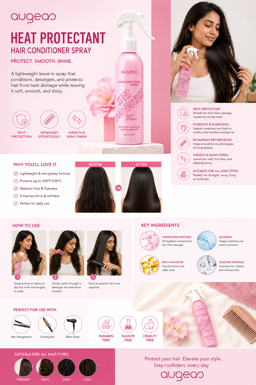 Augeas Heat Protectant Hair detangler | hair Conditioner Spray | leave in treatment– Leave-In Detangler & Heat Protection Mist for Smooth, Soft Hair | Hydrating Anti-Frizz Formula | 236ml