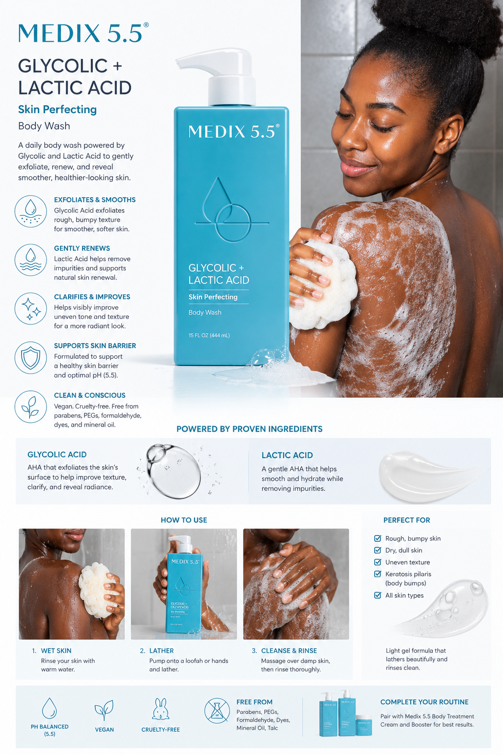 Medix 5.5 Glycolic + Lactic Acid Exfoliating Body Wash – Skin Perfecting Cleanser for Rough, Dry & Bumpy Skin, 15 fl oz Pump Bottle