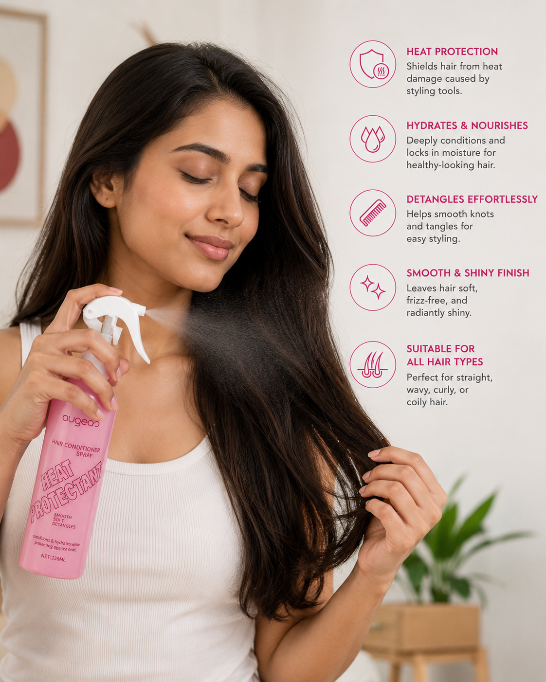 Augeas Heat Protectant Hair detangler | hair Conditioner Spray | leave in treatment– Leave-In Detangler & Heat Protection Mist for Smooth, Soft Hair | Hydrating Anti-Frizz Formula | 236ml