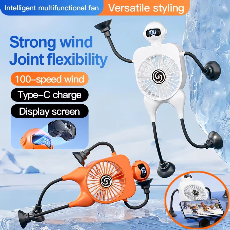 Versatile Robotic Small Fan With Suction Cup Intelligent Digital Display Usb Cartoon Desktop Fan Serve As Phone Holder Mini Fan