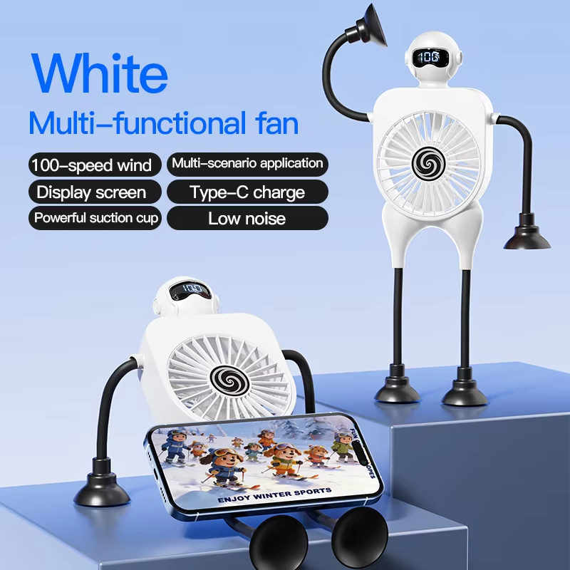 Versatile Robotic Small Fan With Suction Cup Intelligent Digital Display Usb Cartoon Desktop Fan Serve As Phone Holder Mini Fan