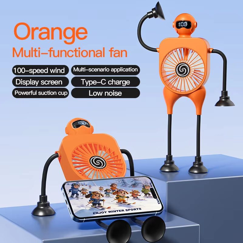 Versatile Robotic Small Fan With Suction Cup Intelligent Digital Display Usb Cartoon Desktop Fan Serve As Phone Holder Mini Fan