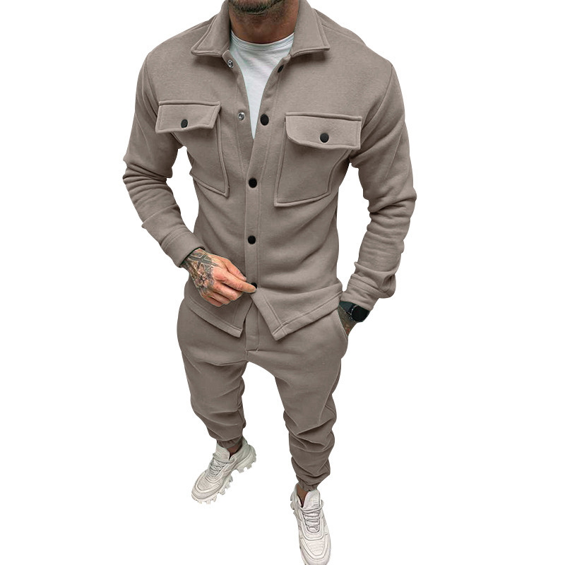Autumn new men's two-piece suit solid color long sleeve lapel pocket button jacket coat casual trousers suit is suitable for daily leisure commuting business wear.