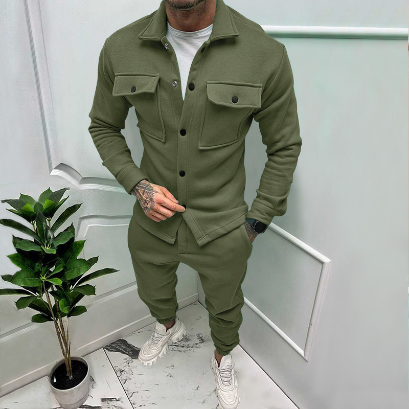 Autumn new men's two-piece suit solid color long sleeve lapel pocket button jacket coat casual trousers suit is suitable for daily leisure commuting business wear.