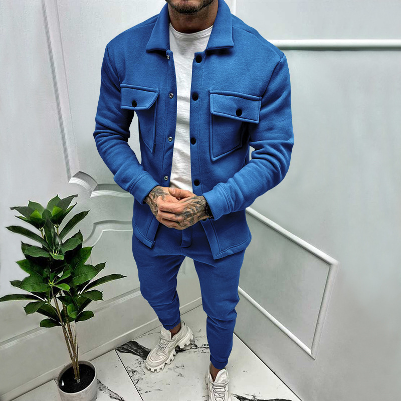 Autumn new men's two-piece suit solid color long sleeve lapel pocket button jacket coat casual trousers suit is suitable for daily leisure commuting business wear.
