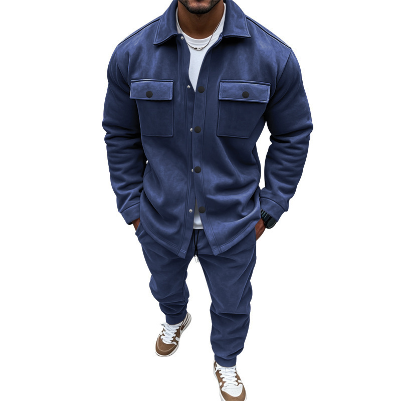 Autumn new men's two-piece suit solid color long sleeve lapel pocket button jacket coat casual trousers suit is suitable for daily leisure commuting business wear.