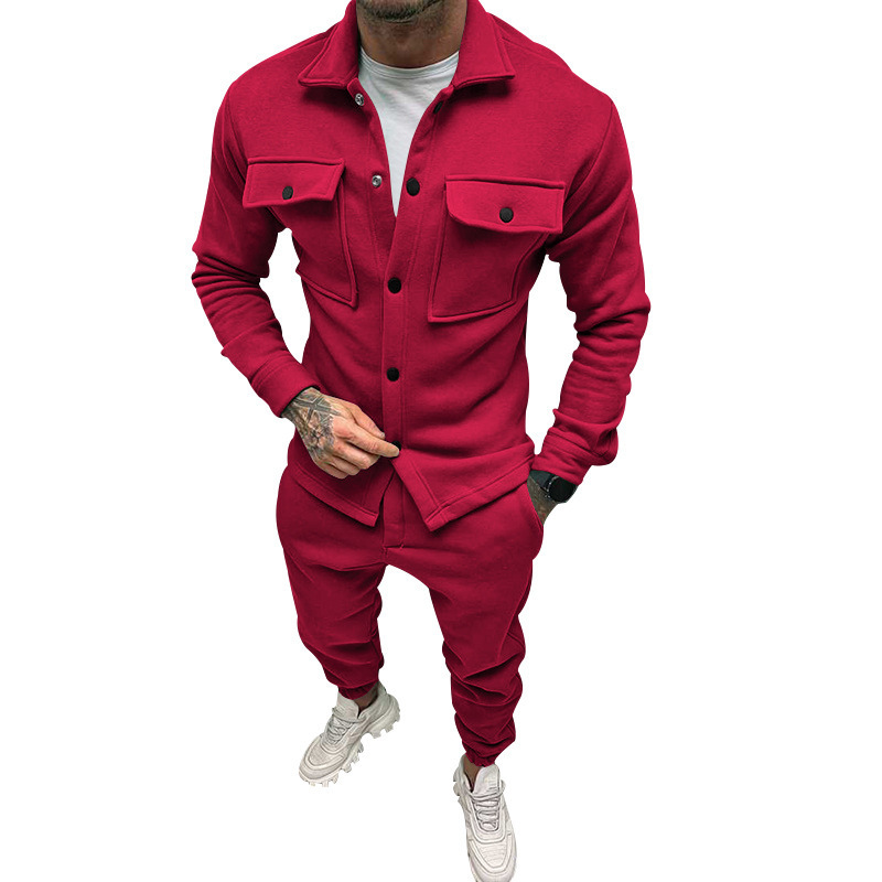 Autumn new men's two-piece suit solid color long sleeve lapel pocket button jacket coat casual trousers suit is suitable for daily leisure commuting business wear.