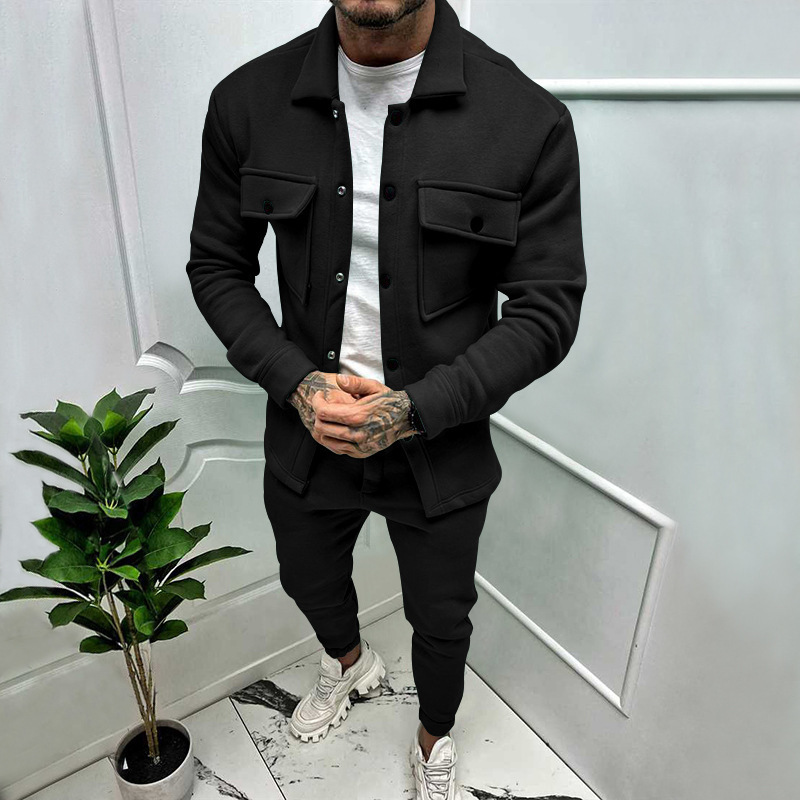 Autumn new men's two-piece suit solid color long sleeve lapel pocket button jacket coat casual trousers suit is suitable for daily leisure commuting business wear.