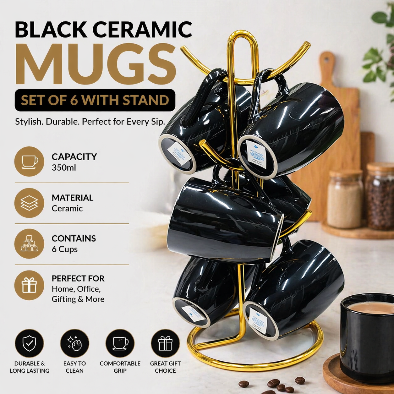 Black Ceramic Mugs with Gold Rim – Set of 6 Mugs with Stand – Elegant and Durable, Perfect for Coffee, Tea, and Hot Beverages