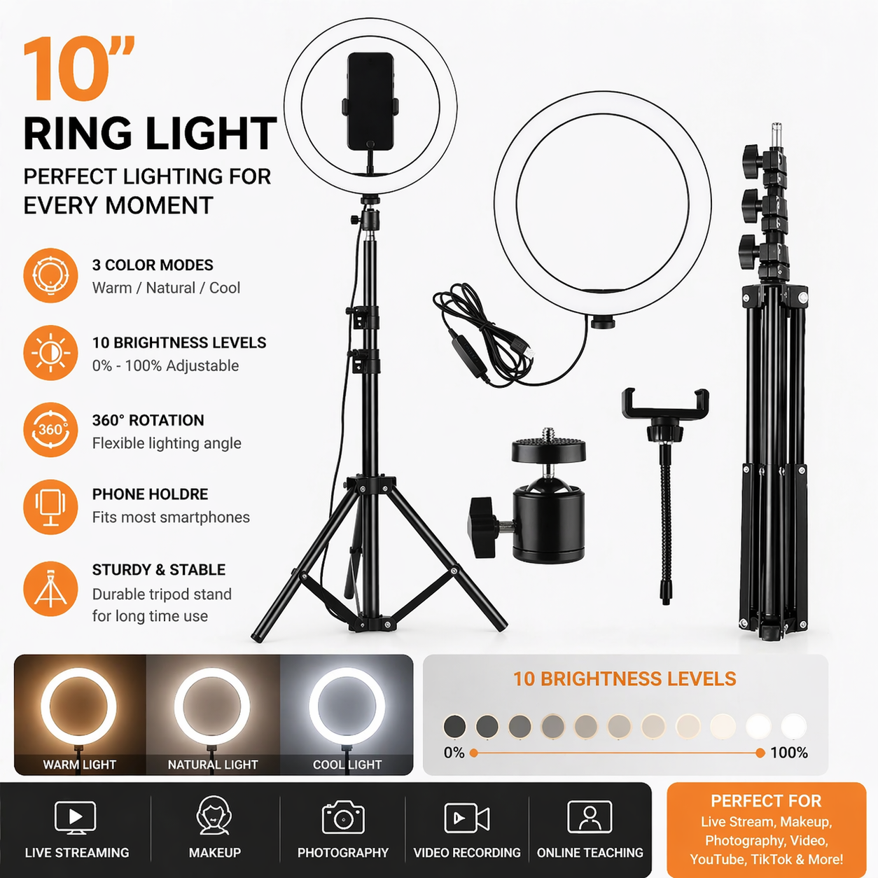 10-Inch Ring Light with Tripod Stand, Adjustable Brightness, 360° Rotation, Phone Holder, USB Powered for Content Creation, Video Recording, Photography, Makeup & Live Streaming