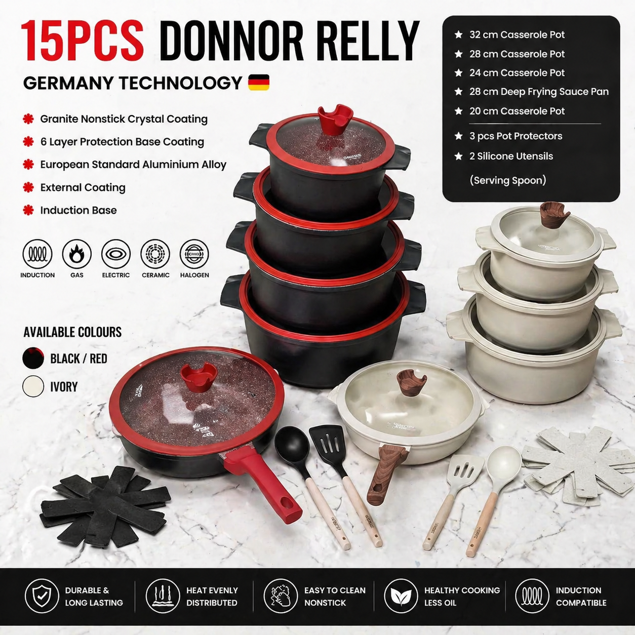 15pcs Donnor Relly Cookware Set - Premium Granite Nonstick Coating, Induction Base, 6 Layer Protection, European Standard Aluminium Alloy - Includes 32cm Casserole, Frying Pan & Silicone Utensils