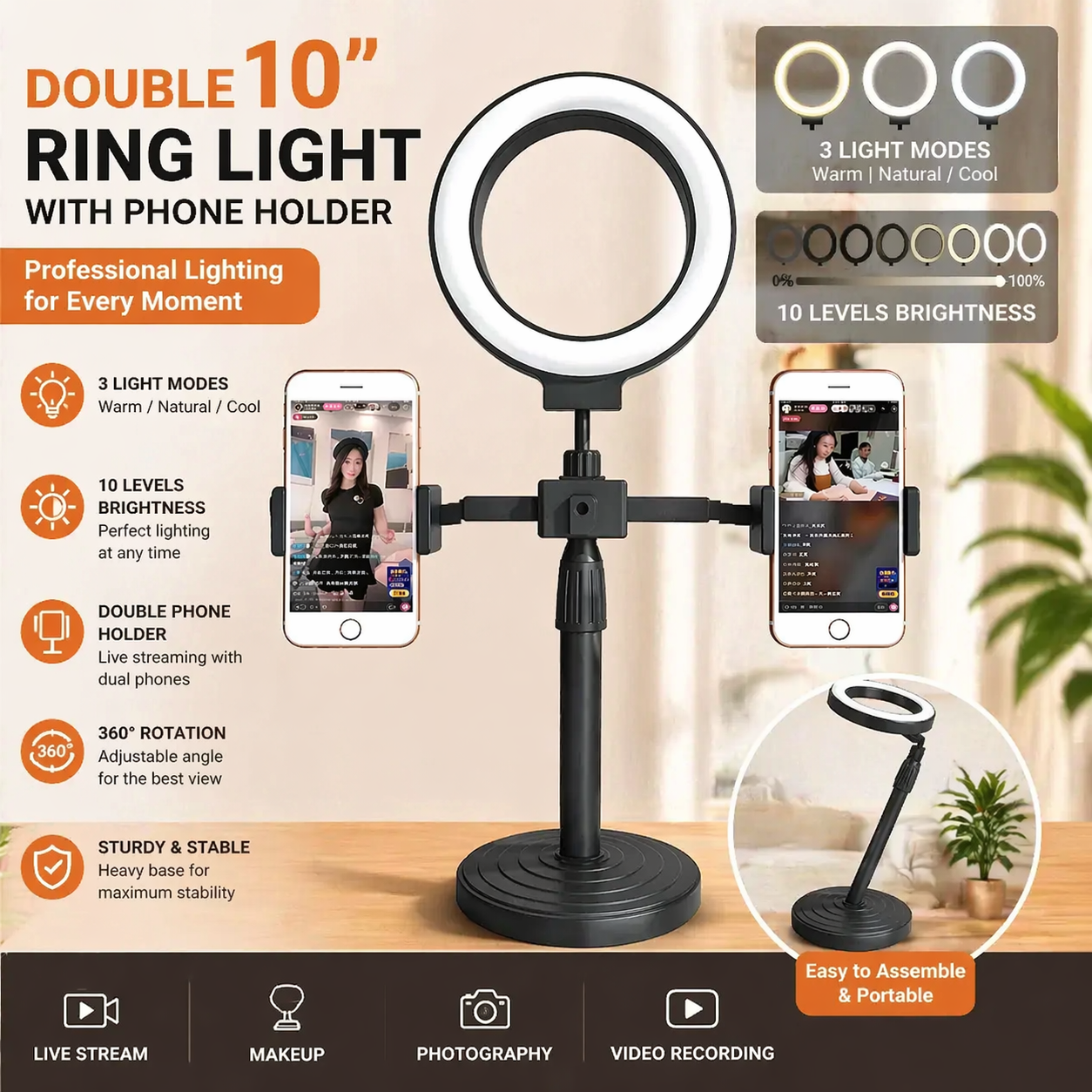 Double 10-inch Ring Light with Dual Phone Holders