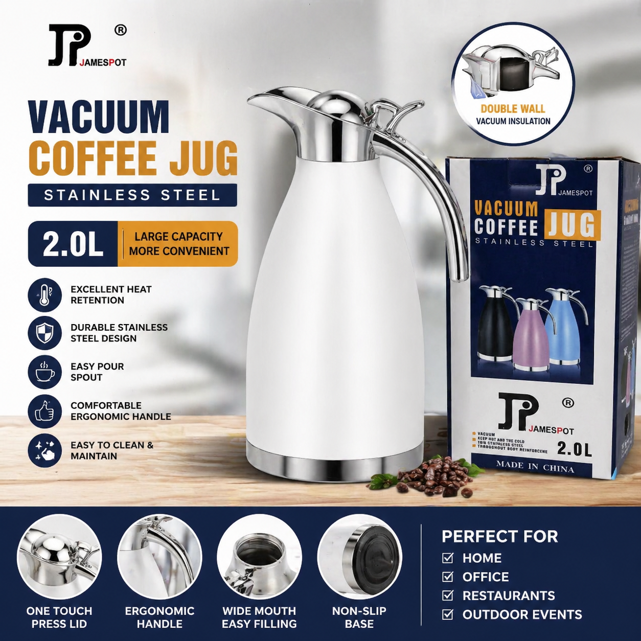 2L Jamespot Stainless Steel Vacuum Coffee Flask - Durable Insulated Flask to Keep Hot or Cold Beverages Fresh for Long Hours, Perfect for Home or Office Use, Stylish Design, Easy to Use