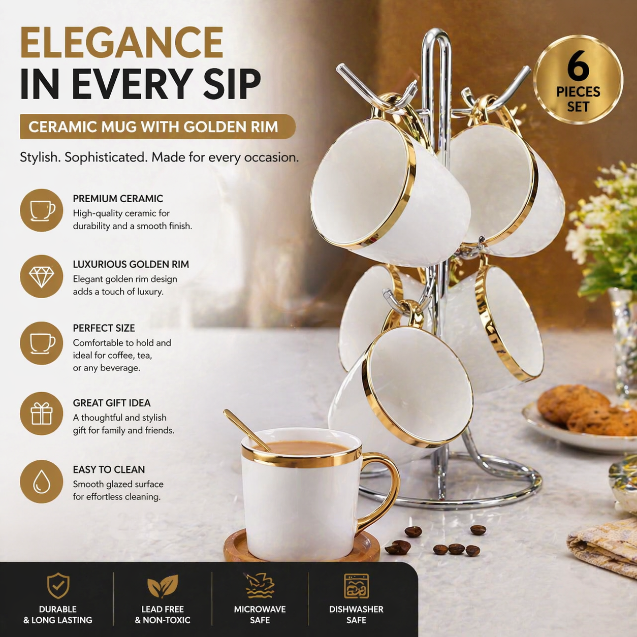 Ceramic Mug with Elegant Golden Rim – Stylish and Durable Mug for Coffee, Tea, and Hot Beverages – Ideal for Home, Office, or Gifting