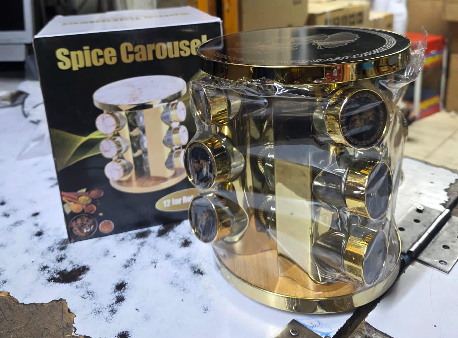 12Pcs Rotating Spice Rack Carousel Black Gold Seasoning Jar Organizer Kitchen Countertop Storage Holder
