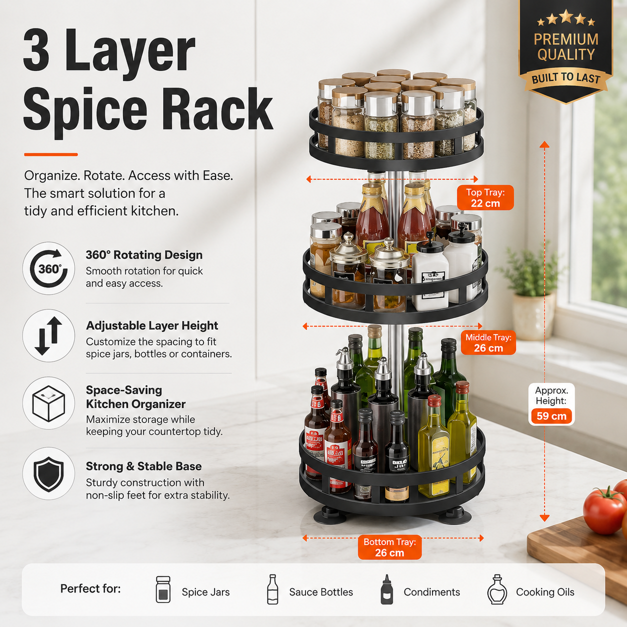 3 Layer Rotating Spice Rack Kitchen Countertop Organizer Adjustable Storage Shelf for Spices, Sauces, Condiments, Bottles, Pantry and Cabinet Use, Strong Stable Space Saving Home Kitchen Storage Stand